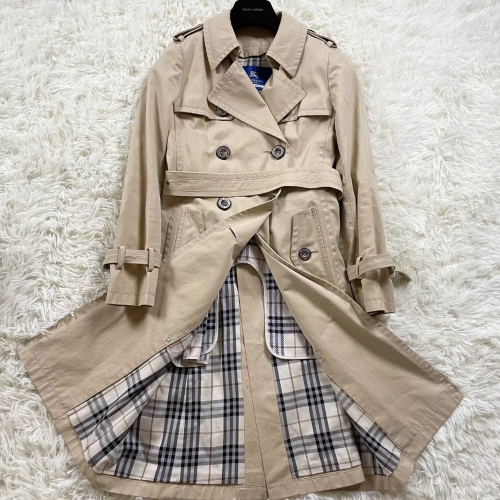 BURBERRY Blue Label Trench Coat Long Nova Check Liner Beige Women's 36 US XS.